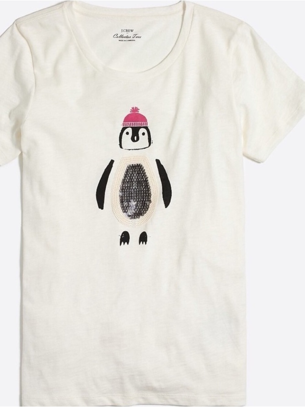J. Crew Kids Cream Tee with Sequined Penguin and Pink Hat
